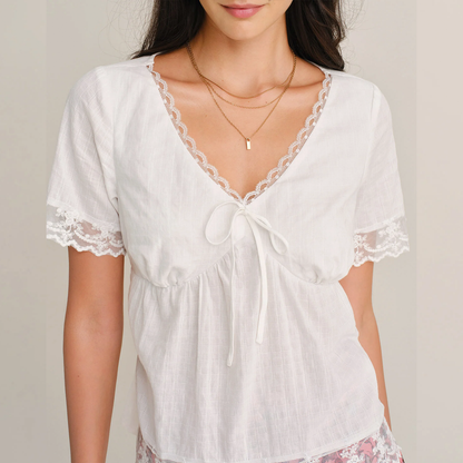 White V‑Neck Lace Tie Short Sleeve Top