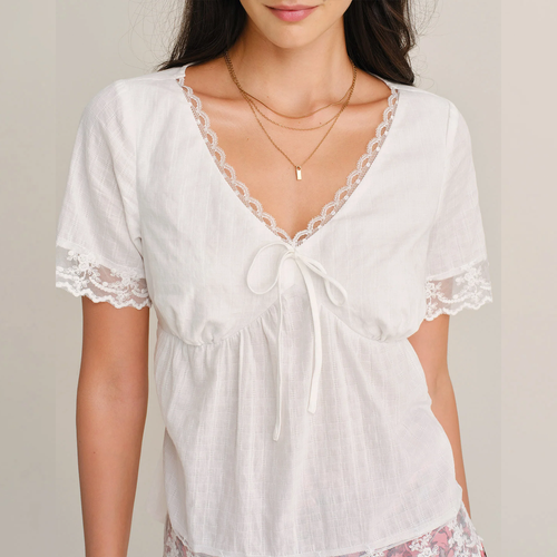 White V‑Neck Lace Tie Short Sleeve Top