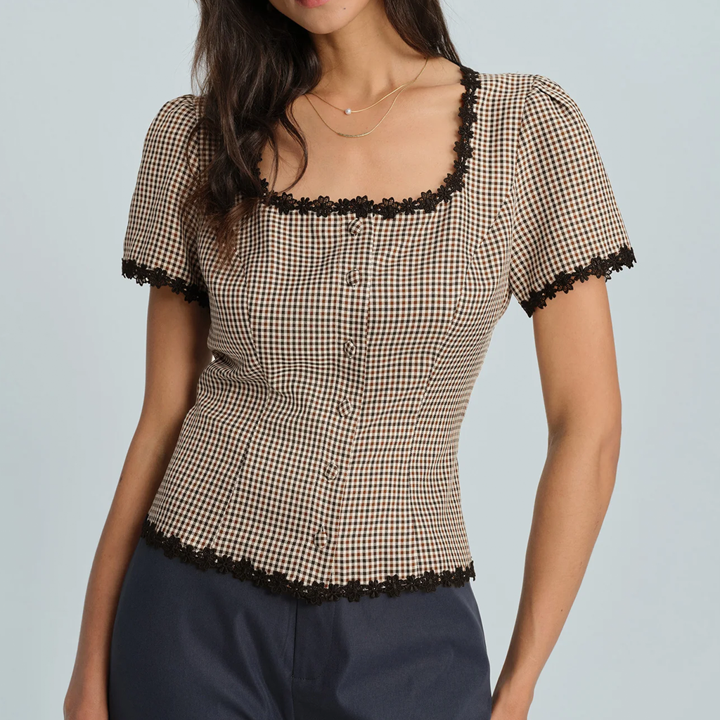 Square Neck Plaid Lace Trim Button Front Top