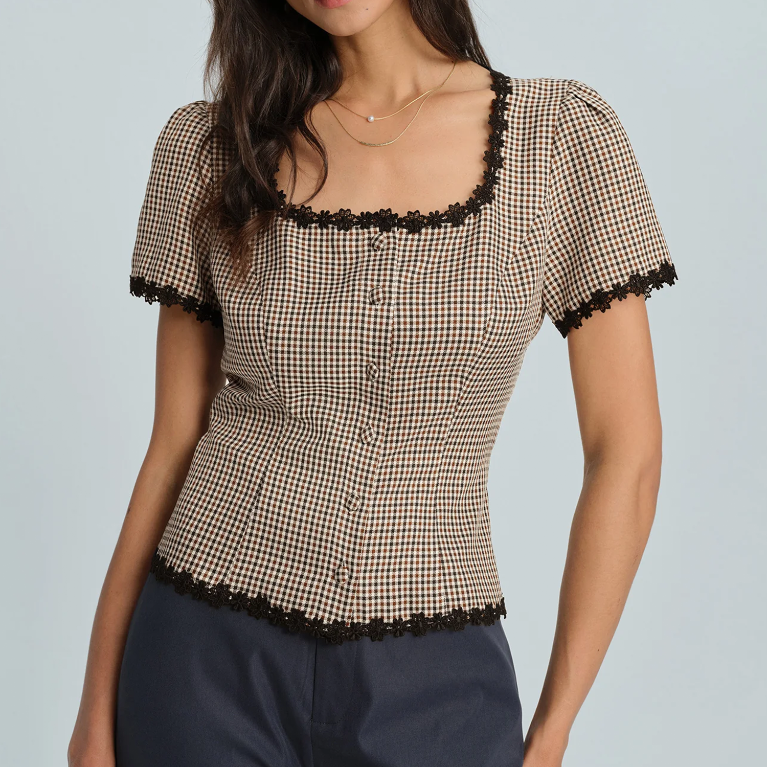 Square Neck Plaid Lace Trim Button Front Top