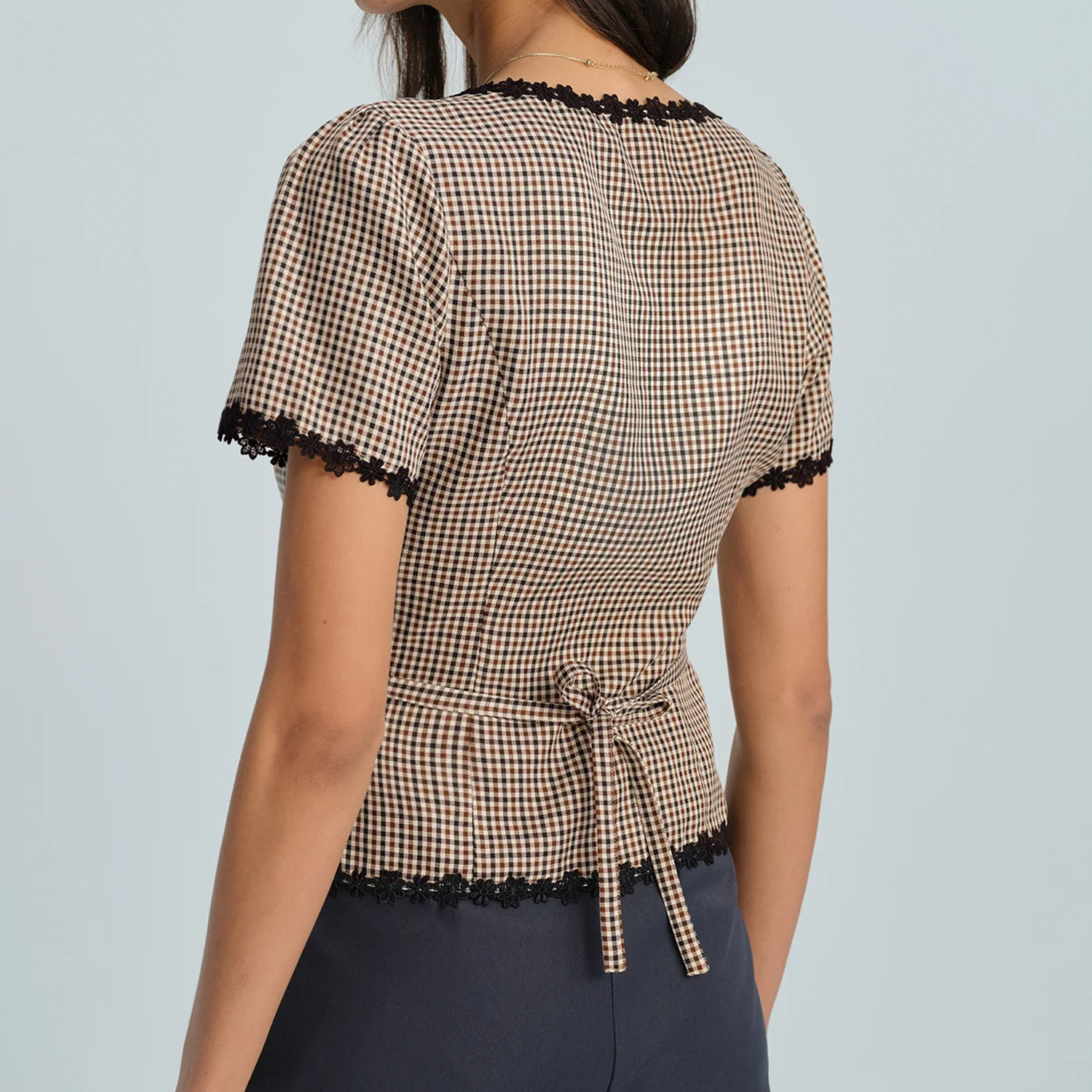 Square Neck Plaid Lace Trim Button Front Top