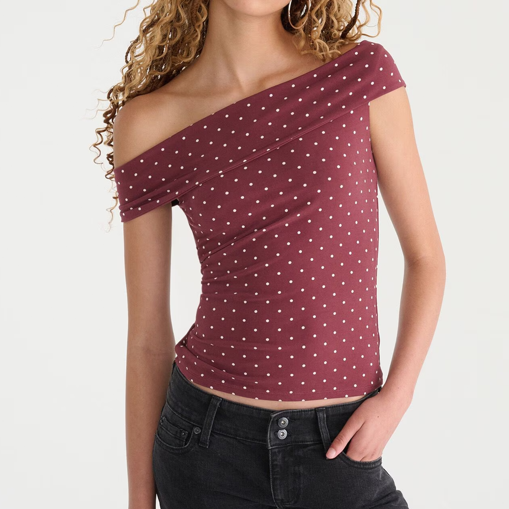 Polka Dot Off‑Shoulder Stretch Knit Top