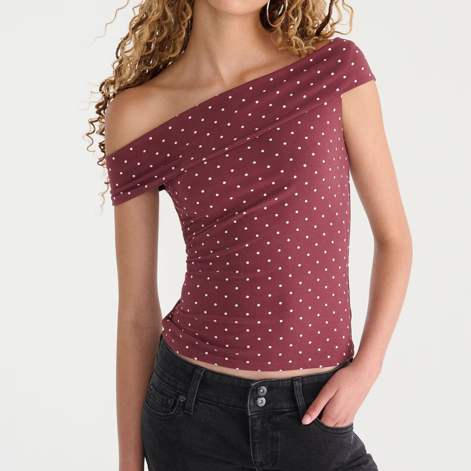 Polka Dot Off‑Shoulder Stretch Knit Top