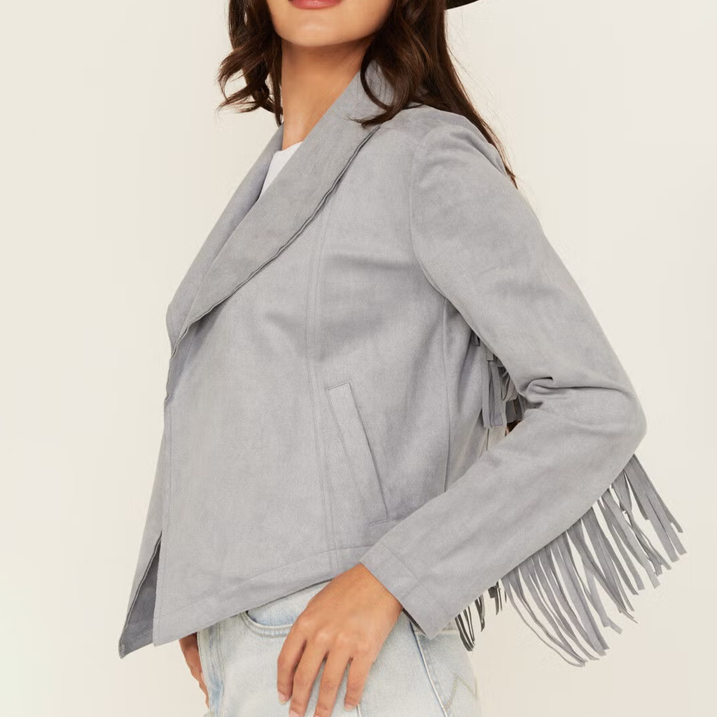 Western Faux Suede Fringe Open Front Shawl Collar Jacket