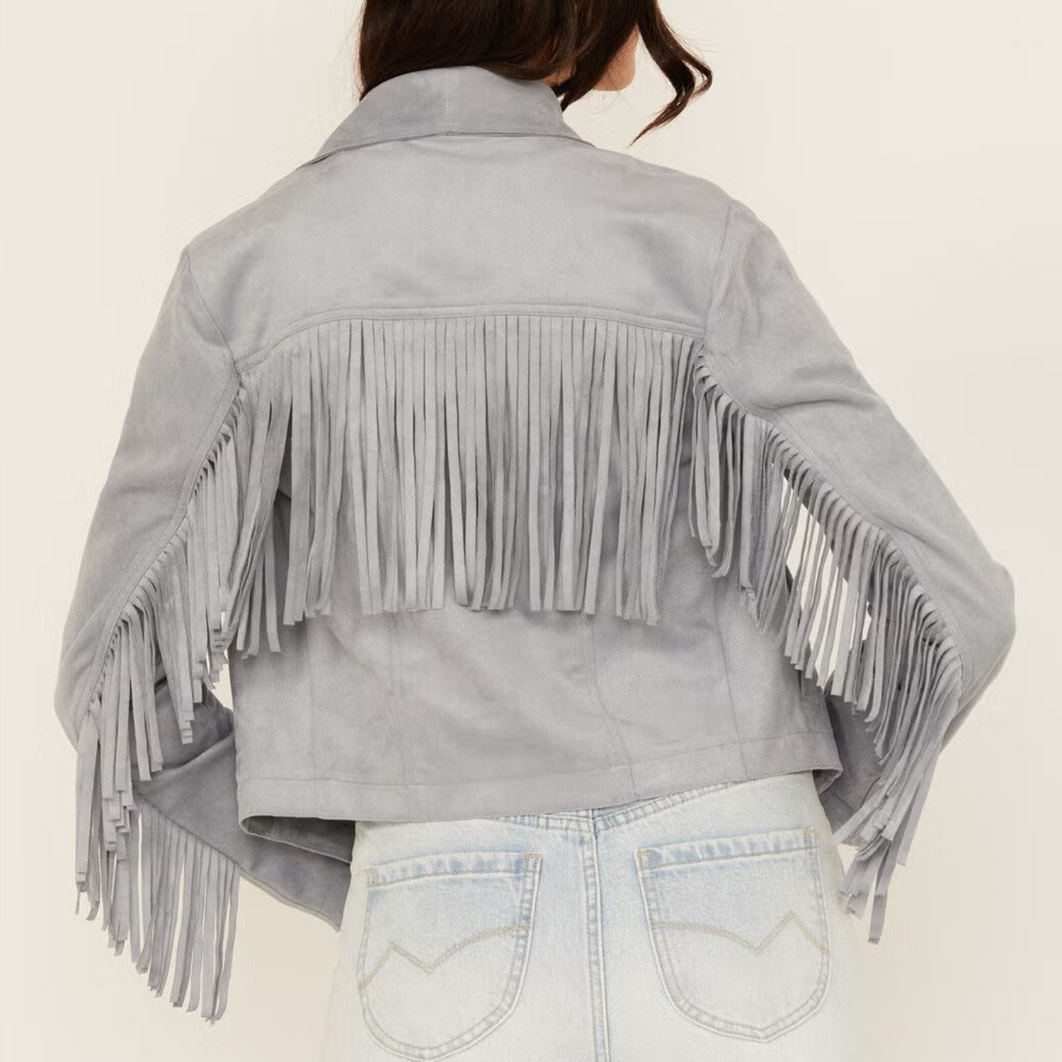 Western Faux Suede Fringe Open Front Shawl Collar Jacket
